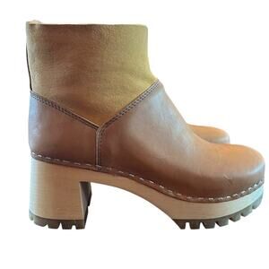 Swedish Hasbeens Shearling-Lined Leather Clog Boots Wood Heel  NEW  EU 37 US 7